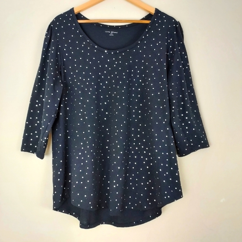 Lane Bryant Polka Dot Scoop Neck 3/4 Sleeve Relaxed fit Curved Size 14/16 Top